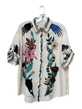 Surreal Snake Floral Boho Blouse Artsy Statement Top L New